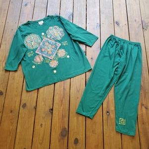 Vintage 80's 90's OS dark hunter green jewel top and pant lounge casual set
